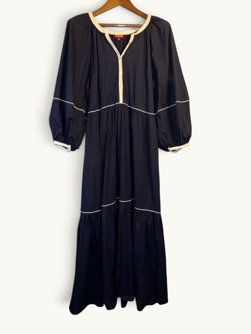 STAUD Demi Dress Navy White Piping Tiered Cotton Maxi Balloon Sleeve Size XL